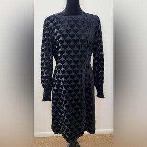 Talbots Black velvet heart A Line dress smocked cuffs bow detail knee length 14P